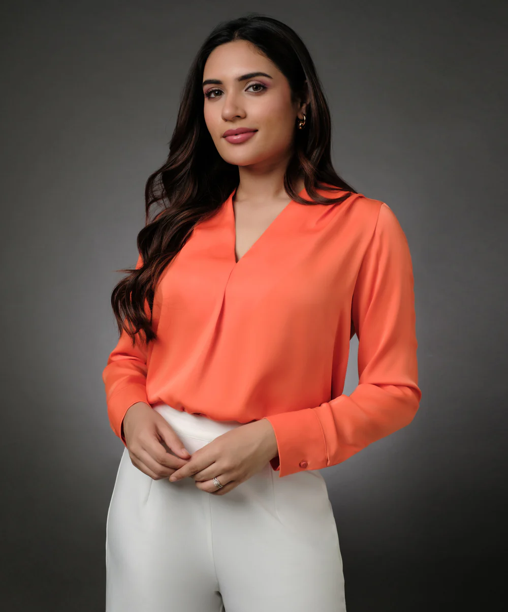 Long Sleeve Vneck Wrapping Orange Top - Image 2