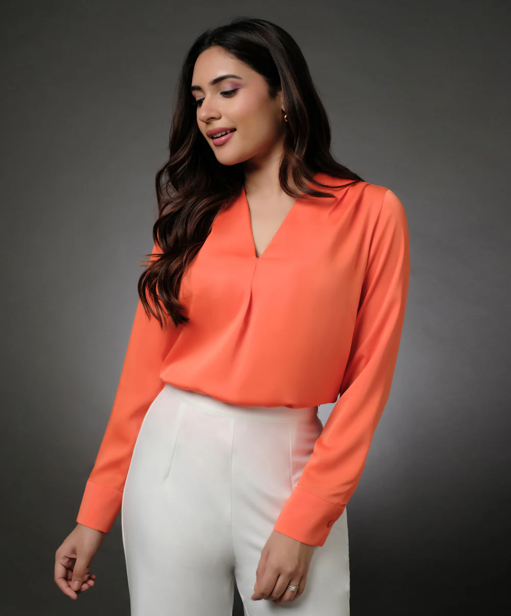 Long Sleeve Vneck Wrapping Orange Top - Image 3