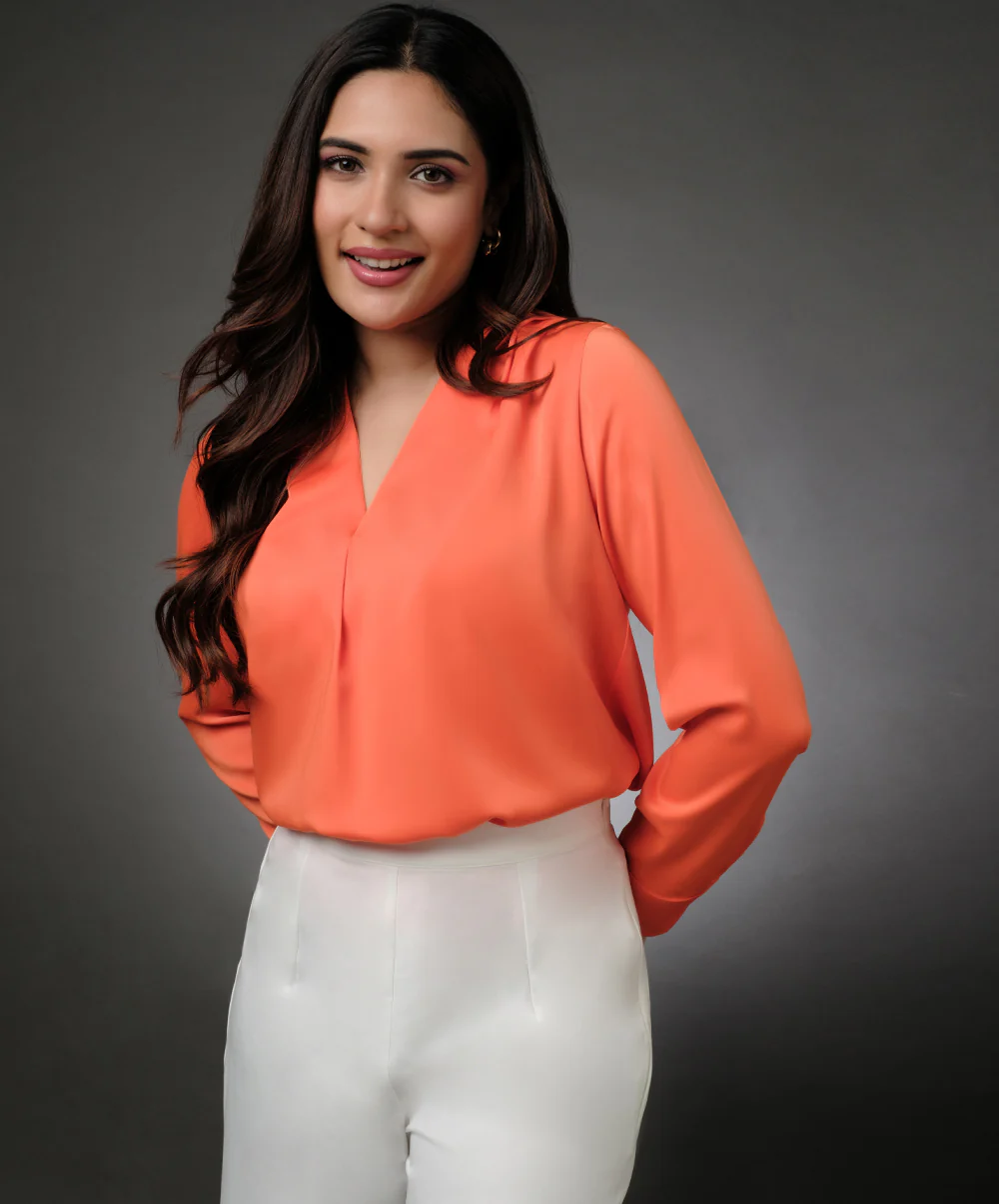 Long Sleeve Vneck Wrapping Orange Top - Image 4