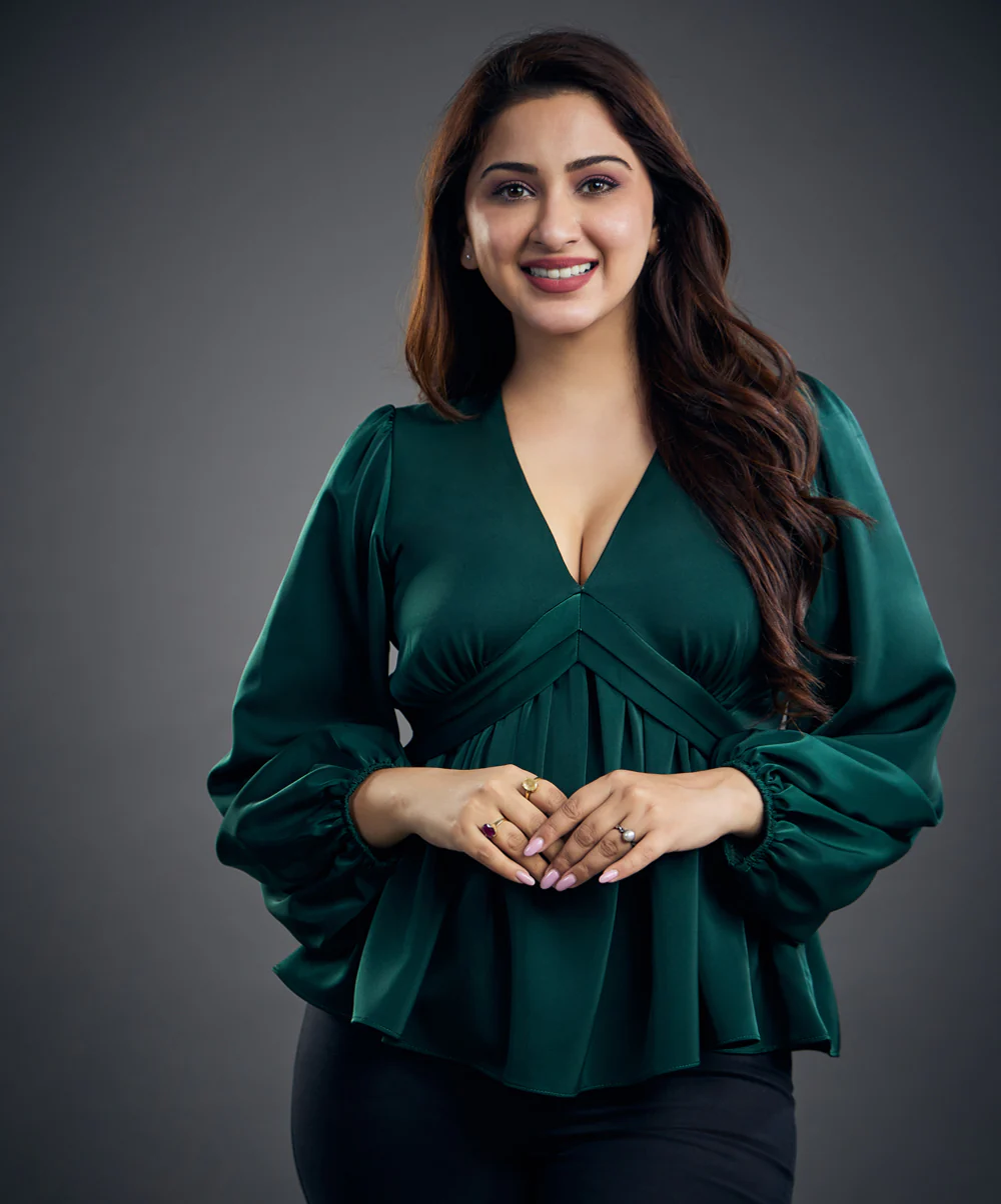 Long Sleeve Vneck Green Satin Top - Image 2