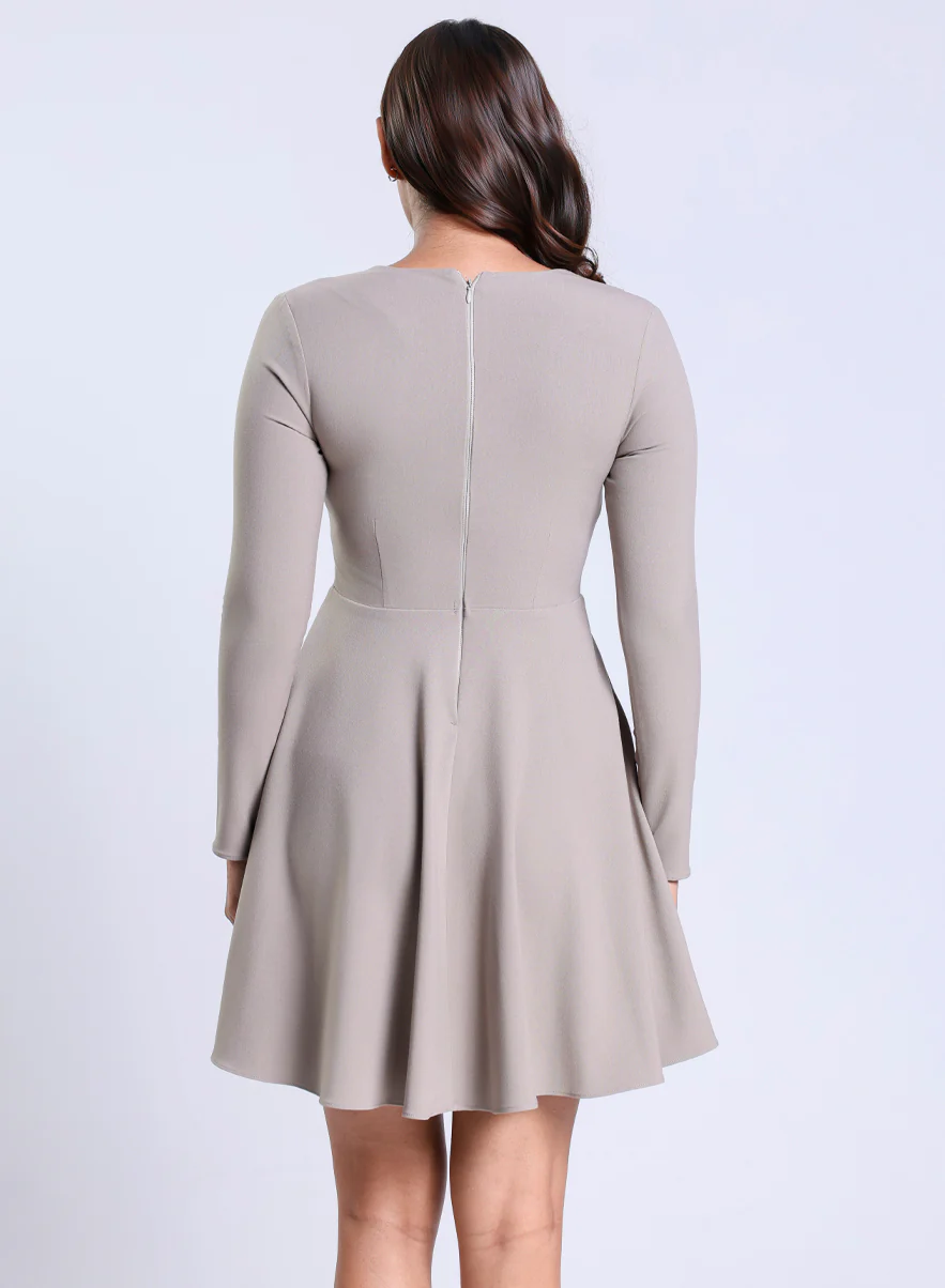 Long Sleeve VNeck Grey Skater Dress - Image 3
