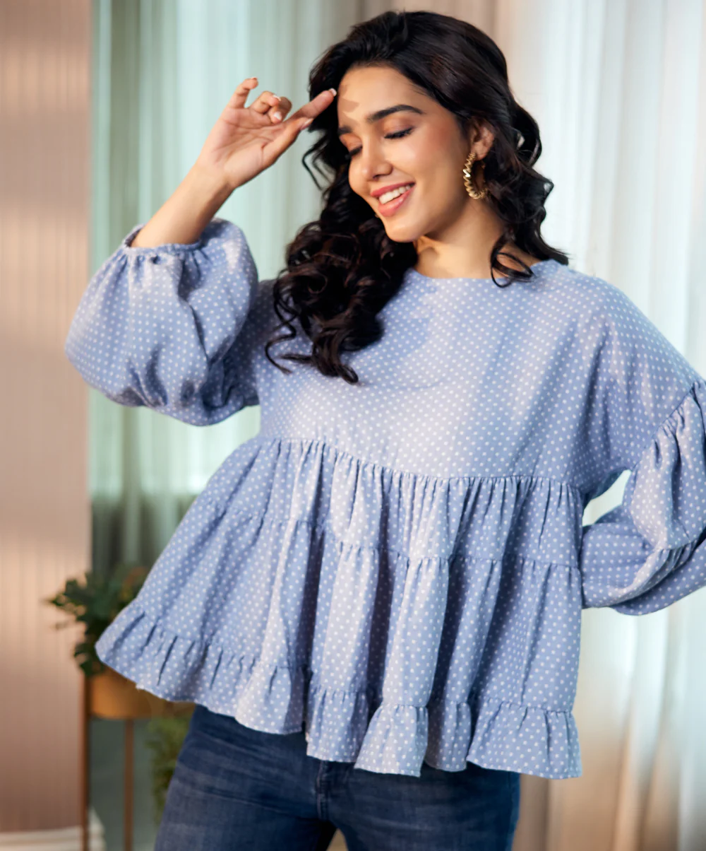 Loose Fitted Cotton Blue Top - Image 2