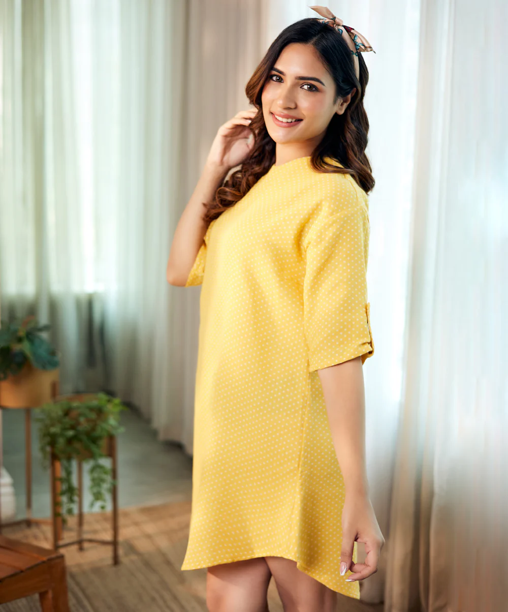 Loose Fitted Cotton Yellow Dress - Image 5
