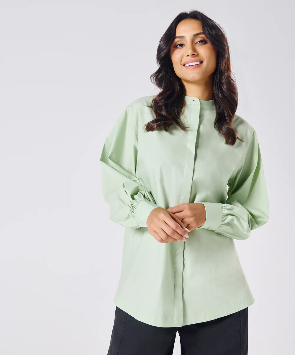 Mandarin Collar Cotton Oversized Shirt- Baby Green - Image 3