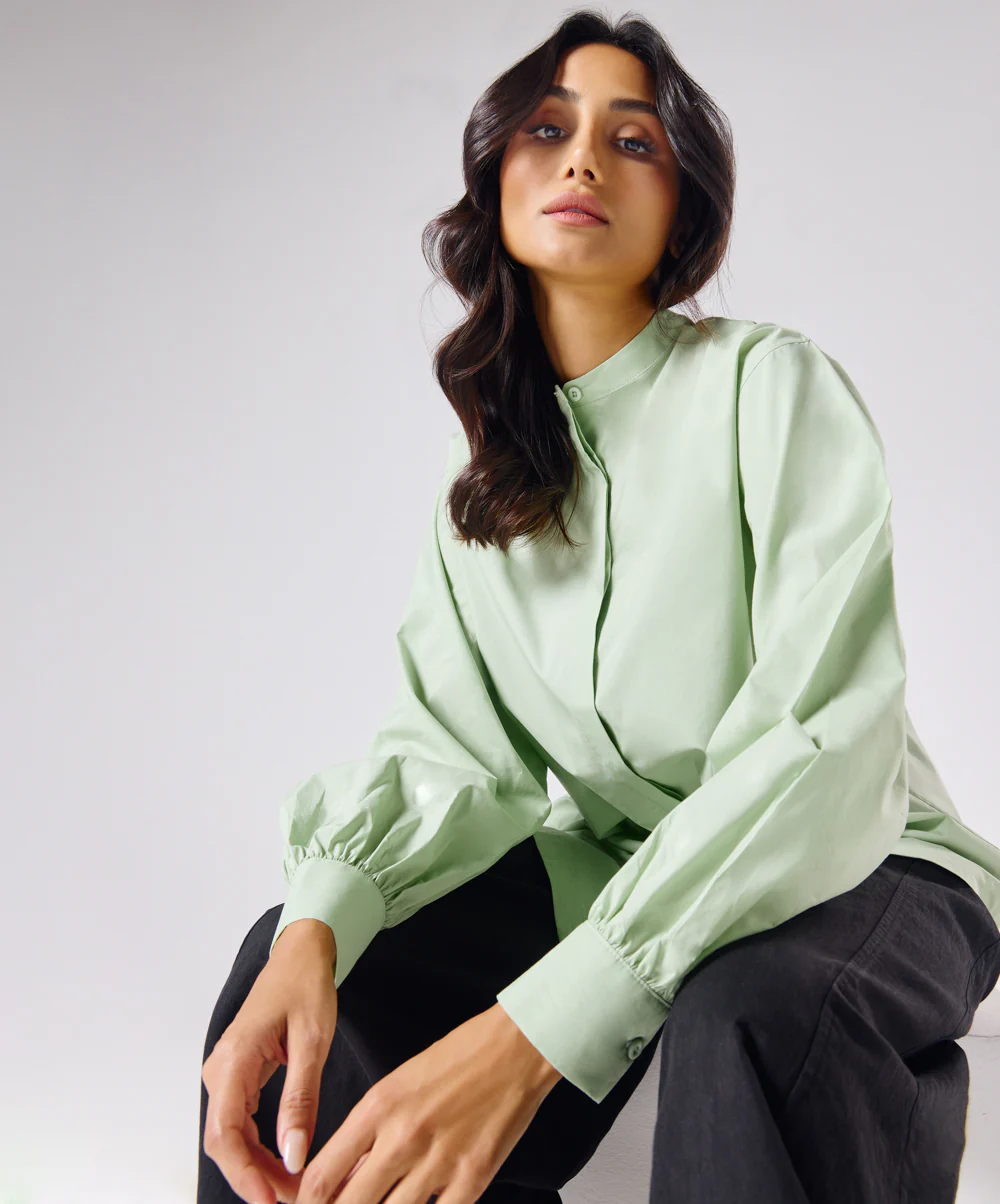 Mandarin Collar Cotton Oversized Shirt- Baby Green - Image 6