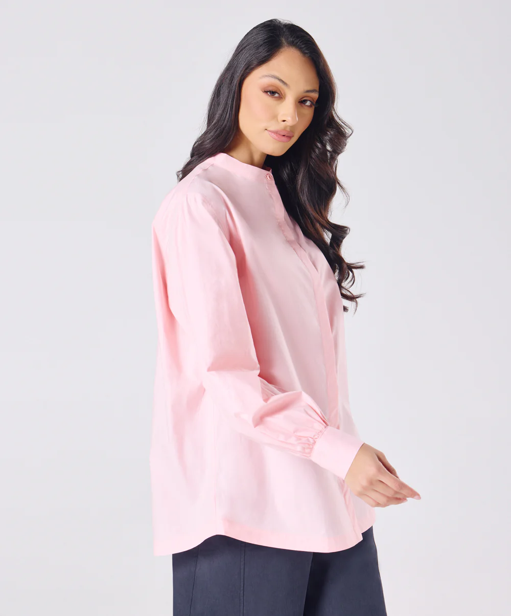 Mandarin Collar Cotton Oversized Shirt- Baby Pink - Image 2