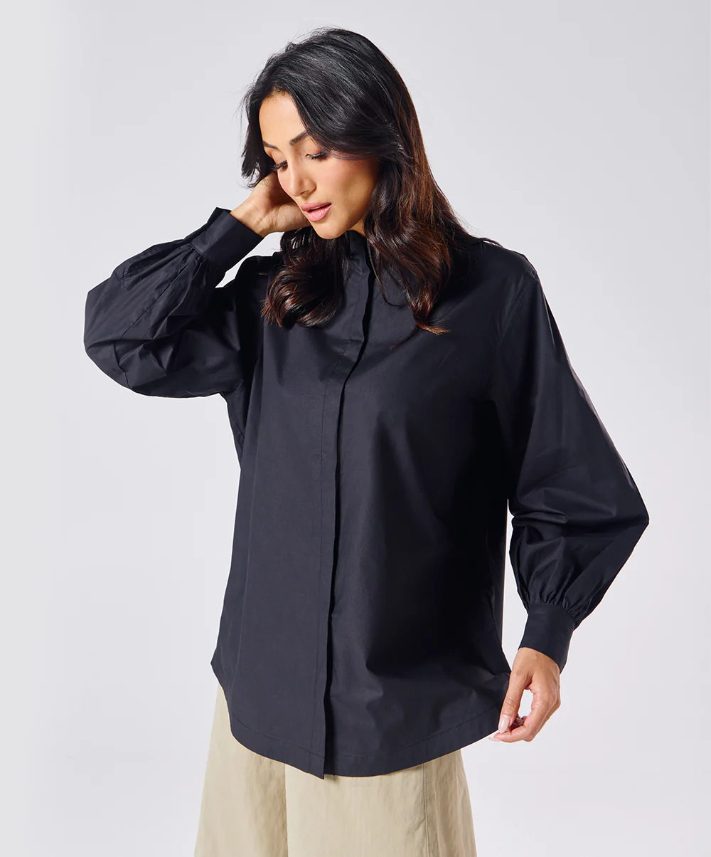 Mandarin Collar Cotton Oversized Shirt- Black