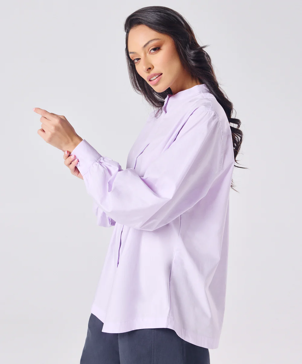 Mandarin Collar Cotton Oversized Shirt- Lavender - Image 4
