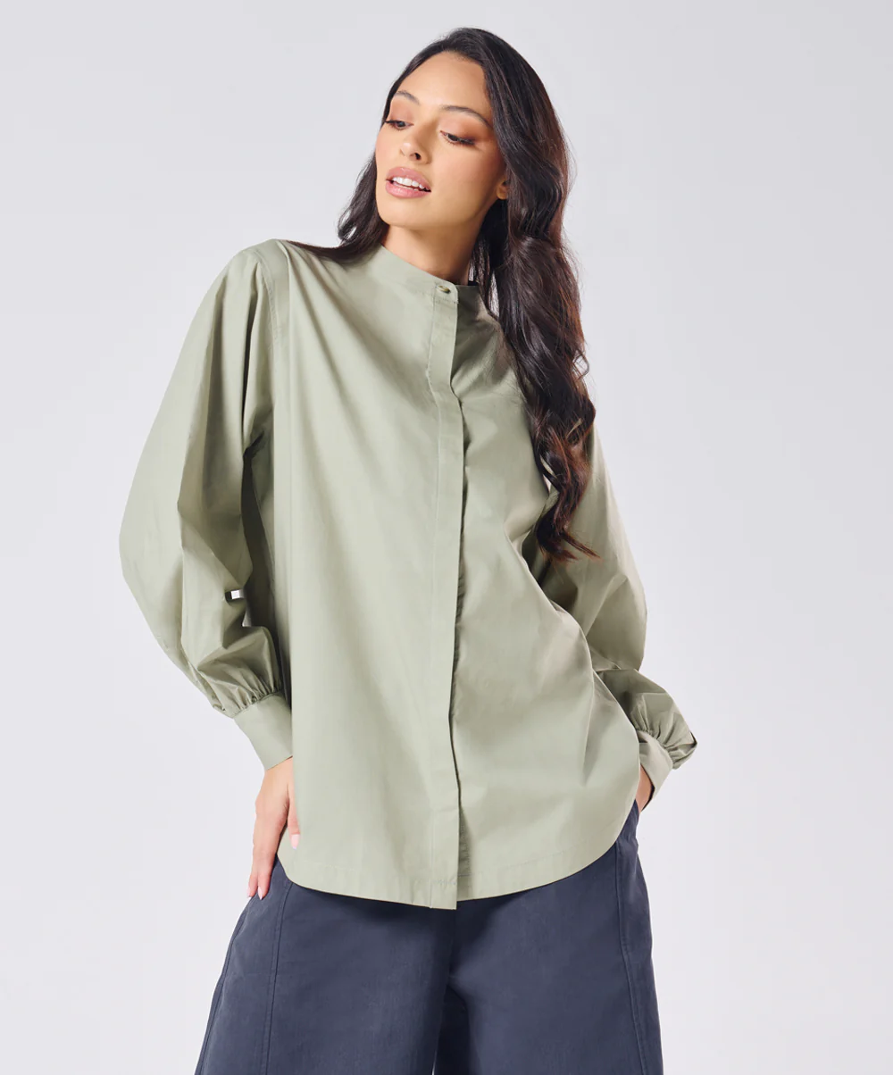 Mandarin Collar Cotton Oversized Shirt- Light Grey - Image 4