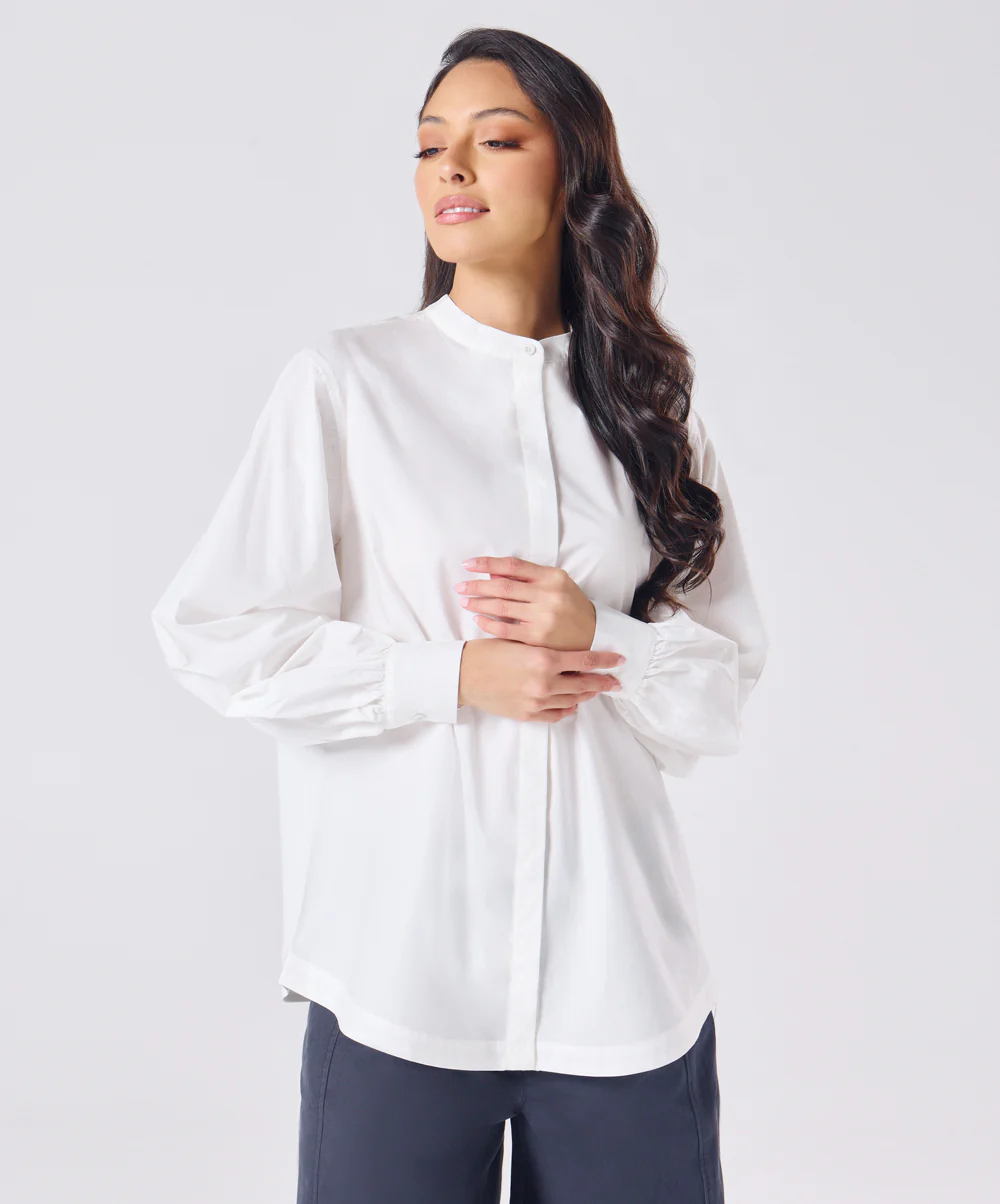 Mandarin Collar Cotton Oversized Shirt- Offwhite - Image 2