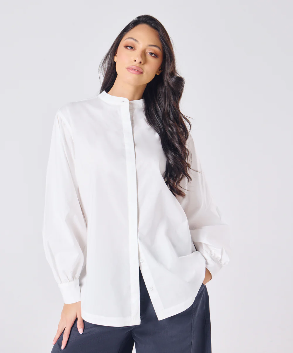 Mandarin Collar Cotton Oversized Shirt- Offwhite - Image 4