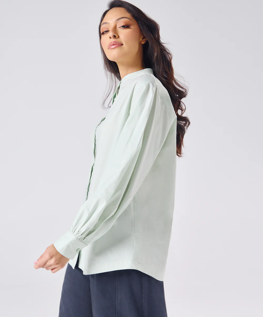 Mandarin Collar Cotton Oversized Shirt- Pastel Green - Image 3