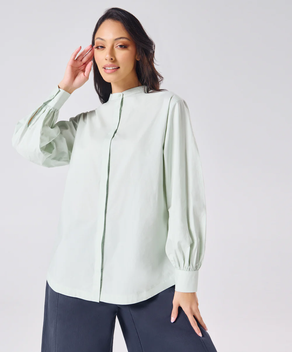 Mandarin Collar Cotton Oversized Shirt- Pastel Green - Image 4