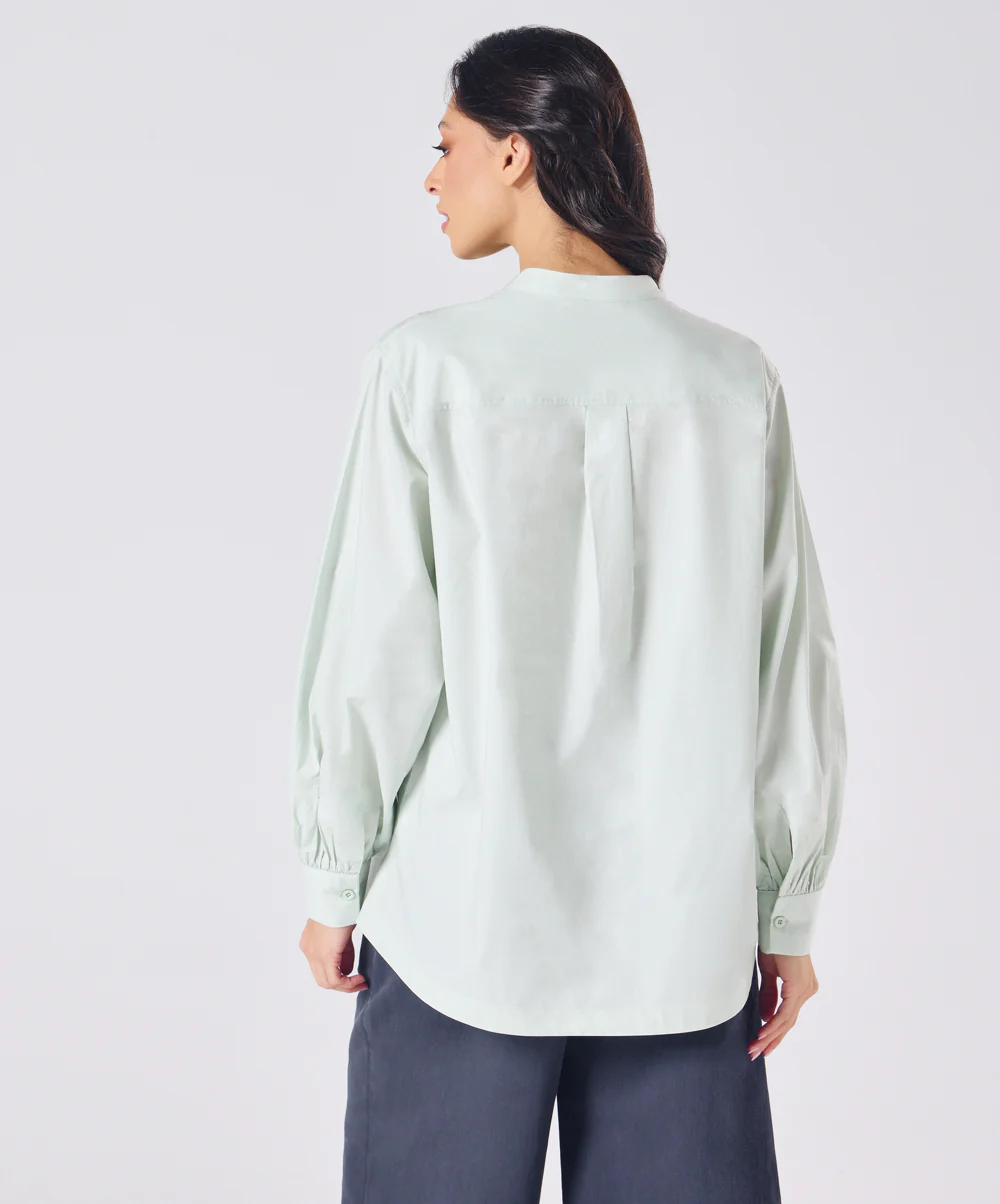 Mandarin Collar Cotton Oversized Shirt- Pastel Green - Image 5