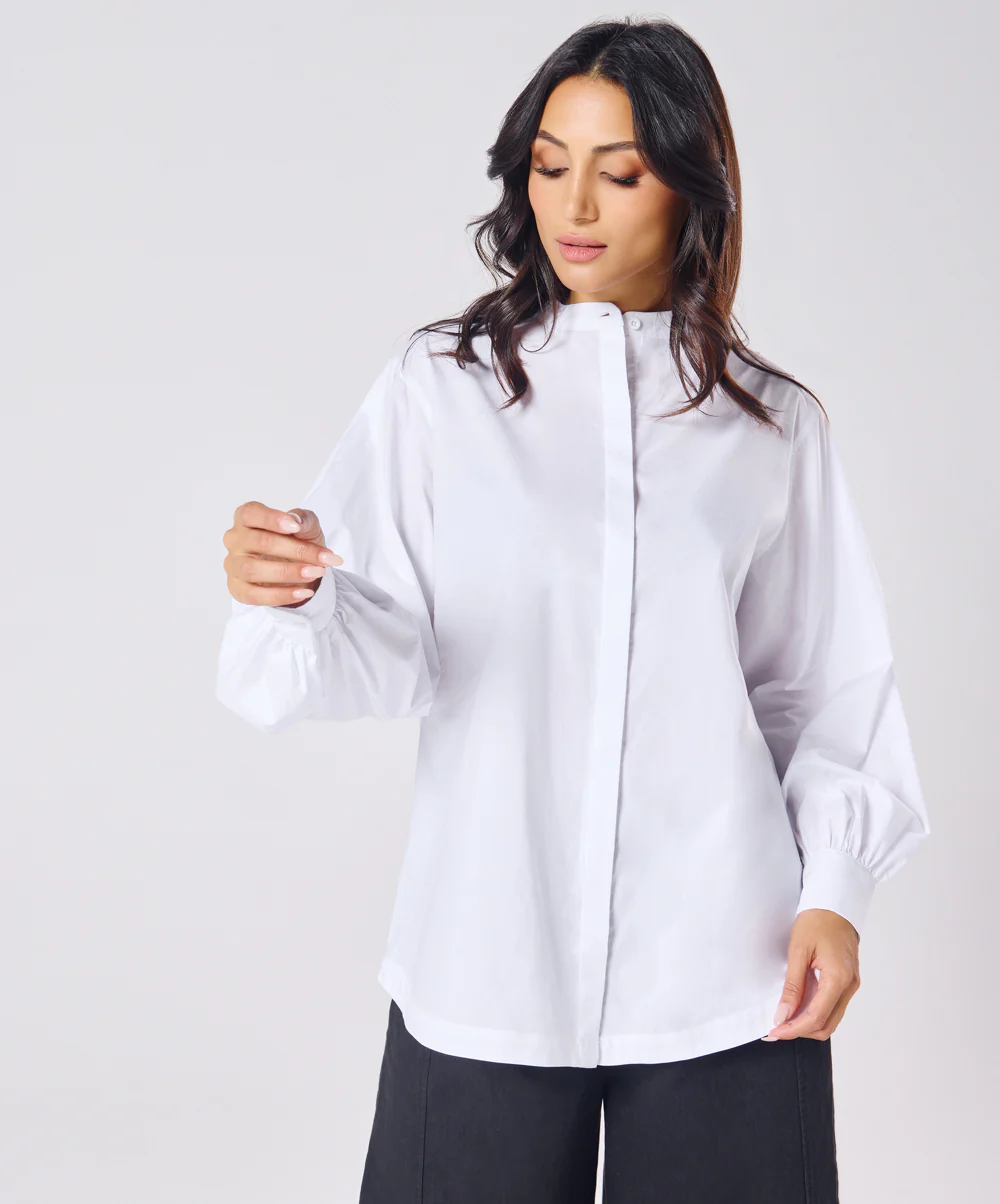 Mandarin  Collar Cotton Oversized Shirt- Pure White - Image 3