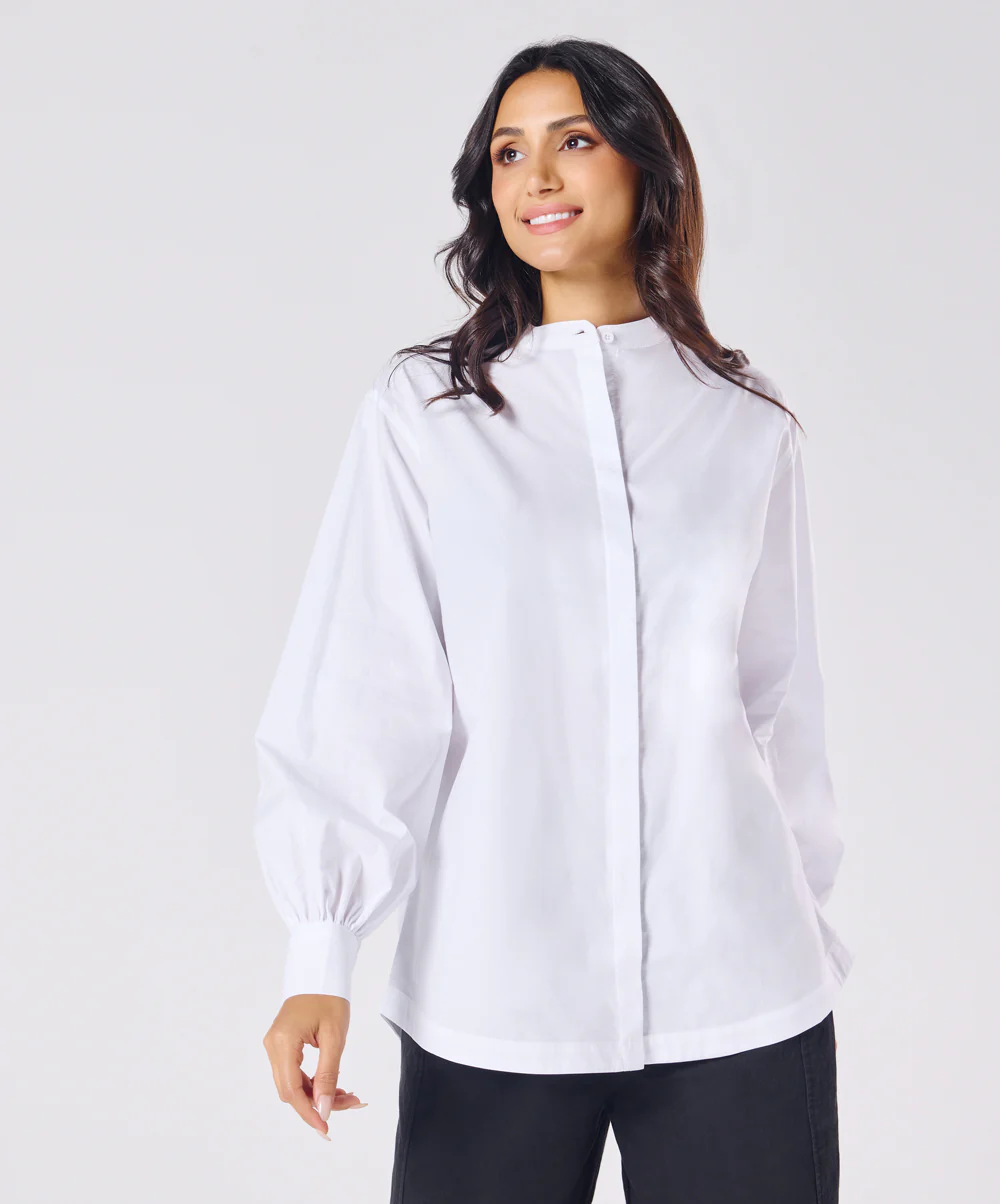 Mandarin  Collar Cotton Oversized Shirt- Pure White - Image 4