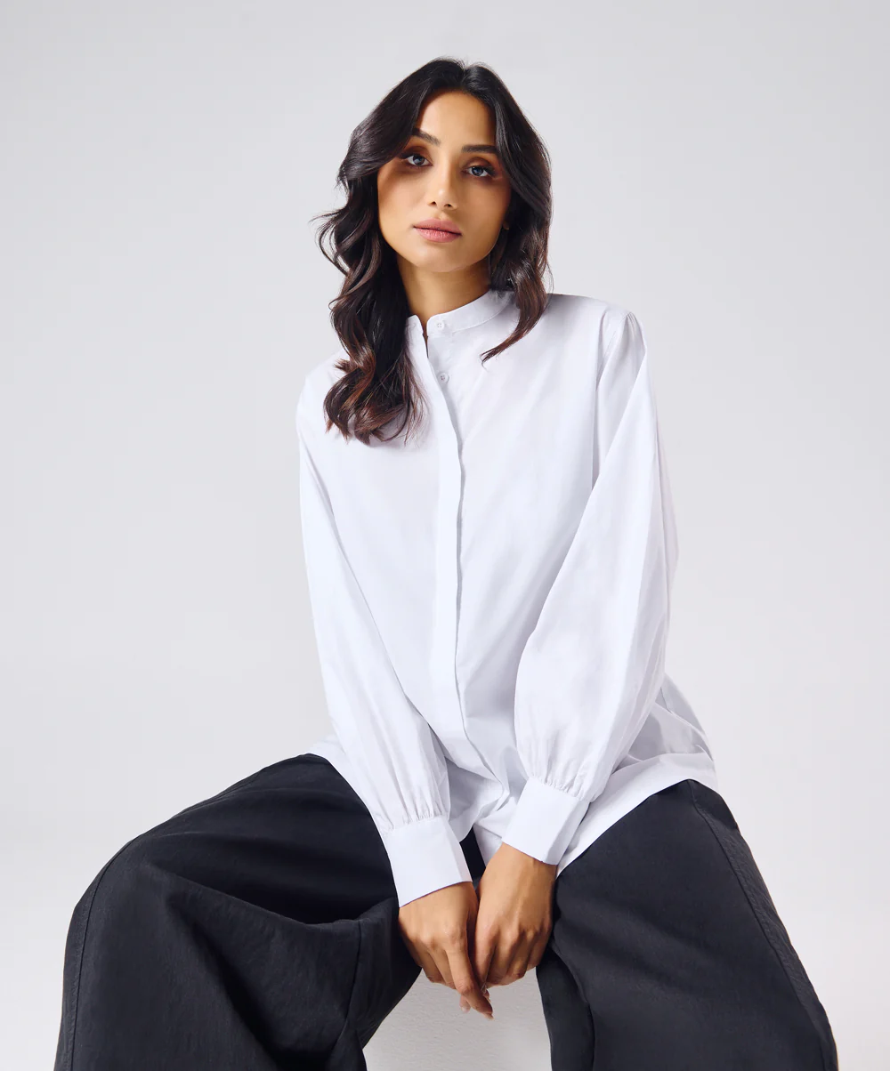 Mandarin  Collar Cotton Oversized Shirt- Pure White - Image 6