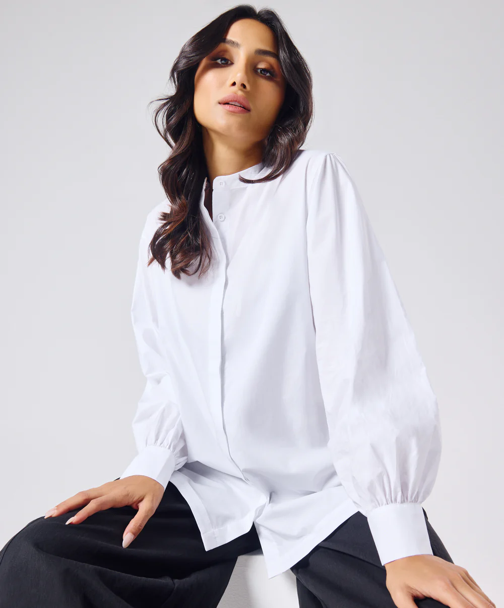 Mandarin  Collar Cotton Oversized Shirt- Pure White - Image 7