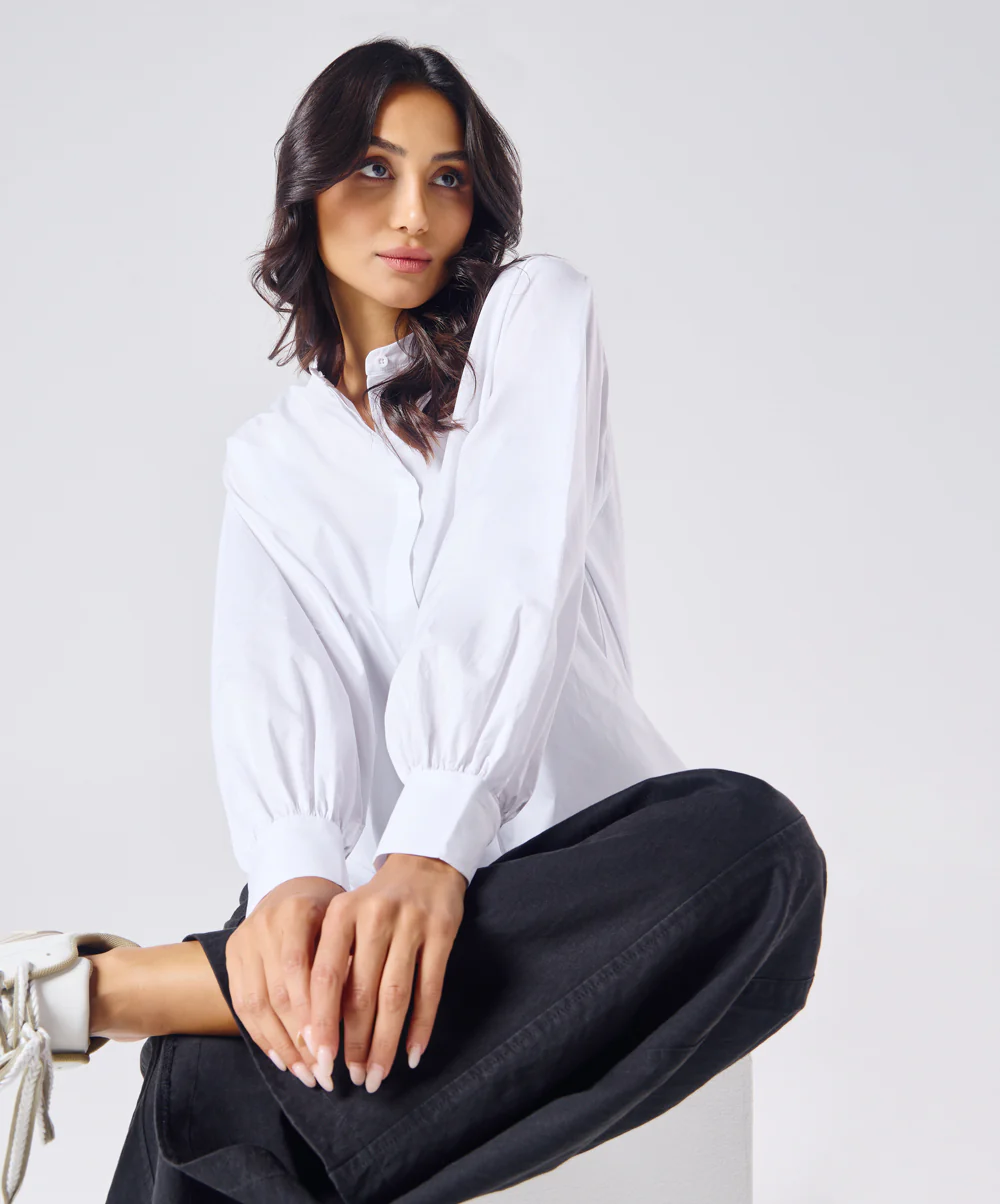 Mandarin  Collar Cotton Oversized Shirt- Pure White - Image 9