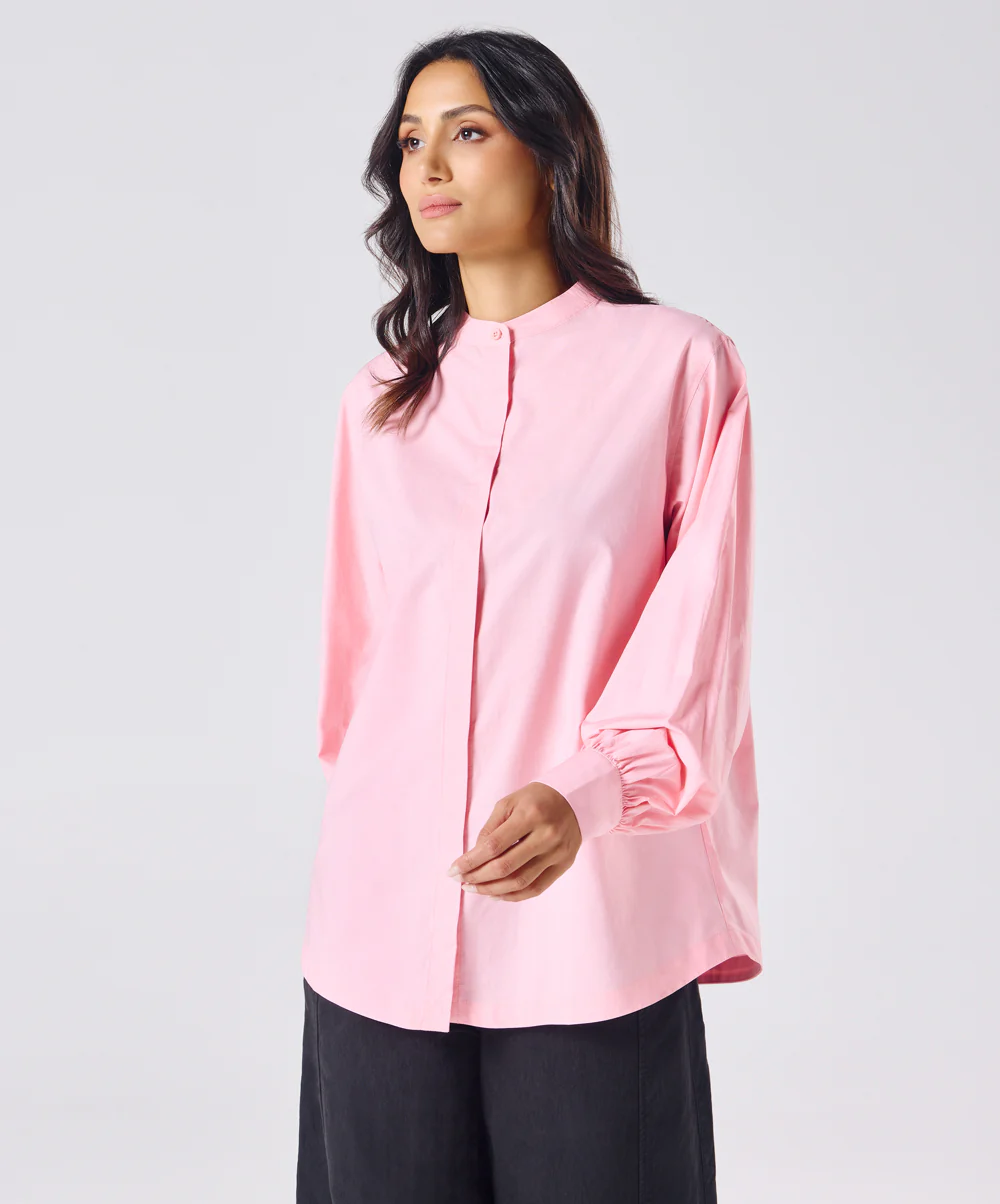 Mandarin Collar Cotton Oversized Shirt- Rose Pink - Image 2