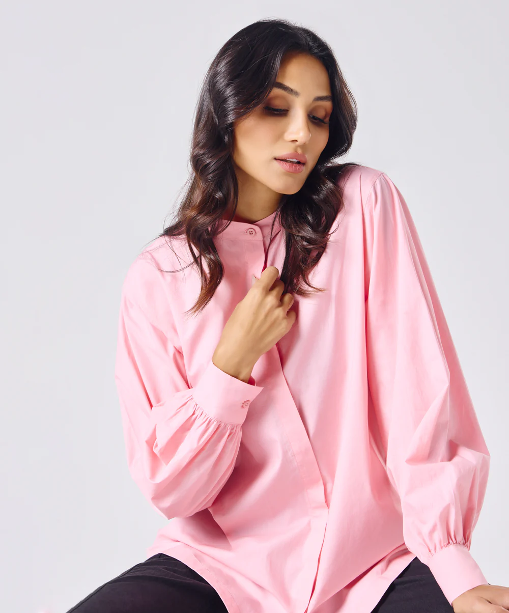 Mandarin Collar Cotton Oversized Shirt- Rose Pink - Image 6