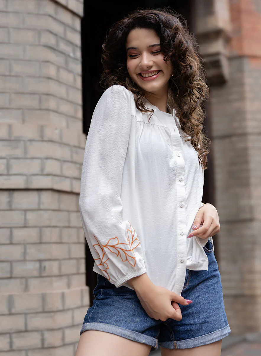 Mandarin Collar Sleeve Embroidered Long Sleeve Top