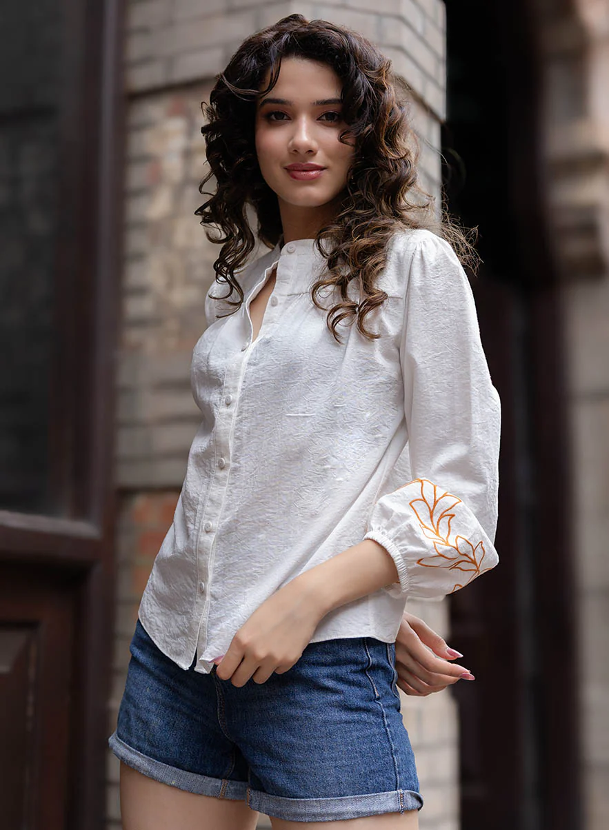Mandarin Collar Sleeve Embroidered Long Sleeve Top - Image 2