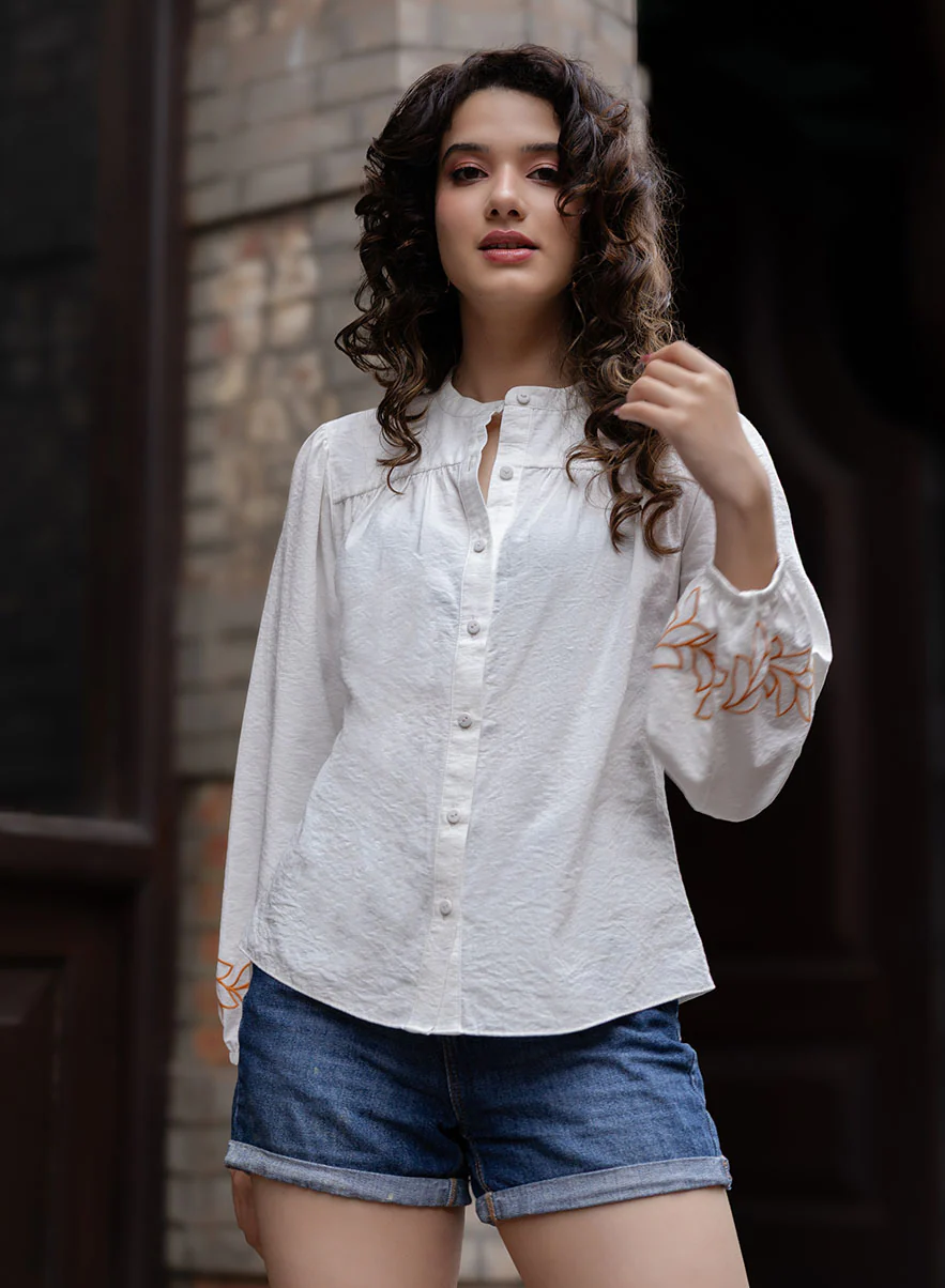 Mandarin Collar Sleeve Embroidered Long Sleeve Top - Image 3