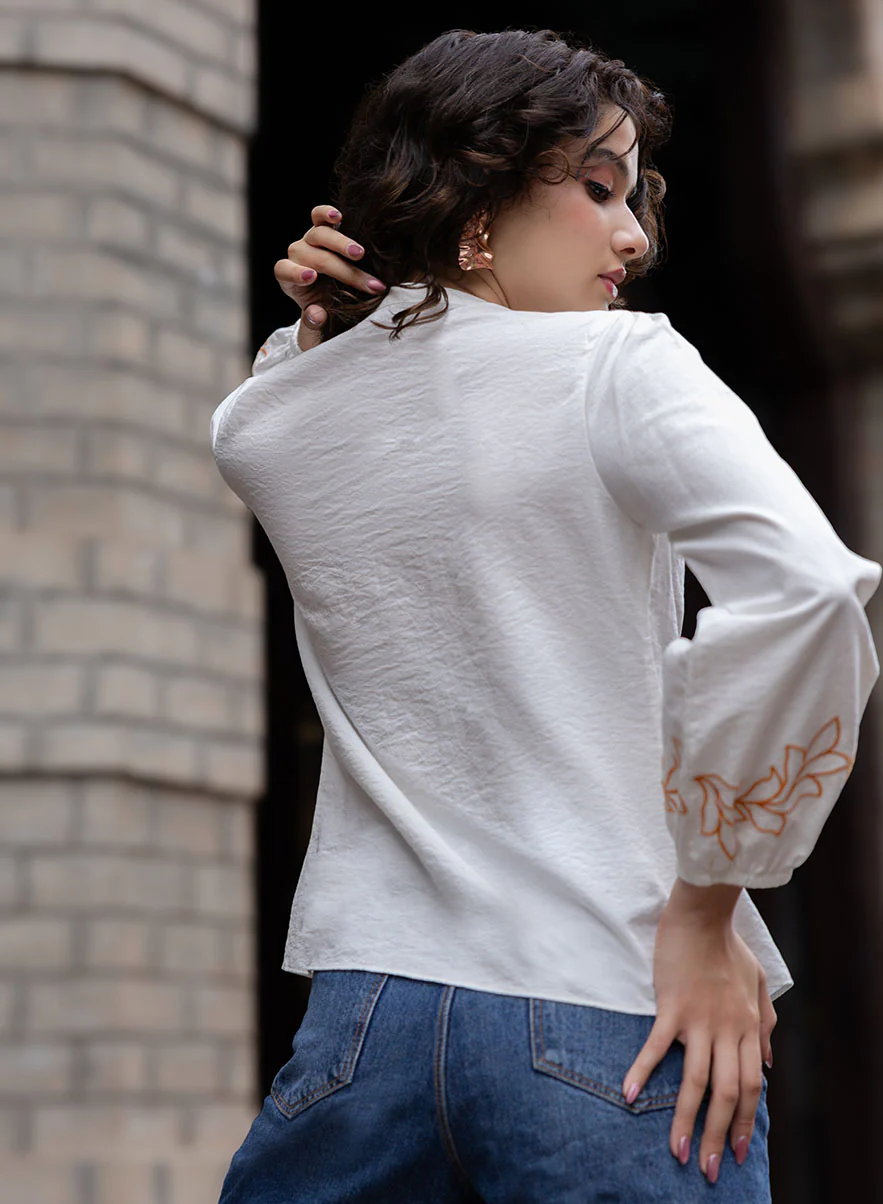 Mandarin Collar Sleeve Embroidered Long Sleeve Top - Image 6