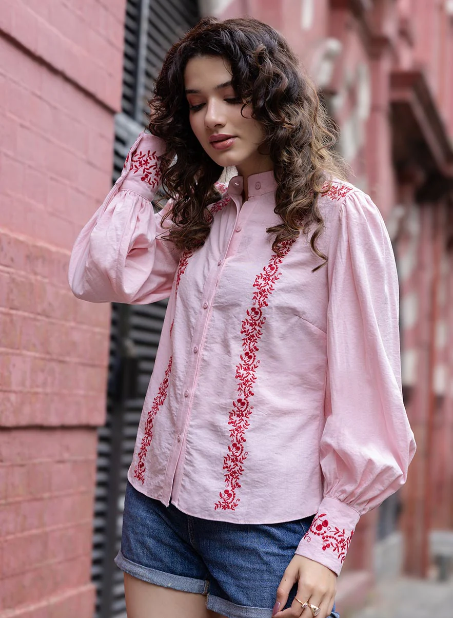 Mandarin Collar Sleeve Embroidered Top - Image 2