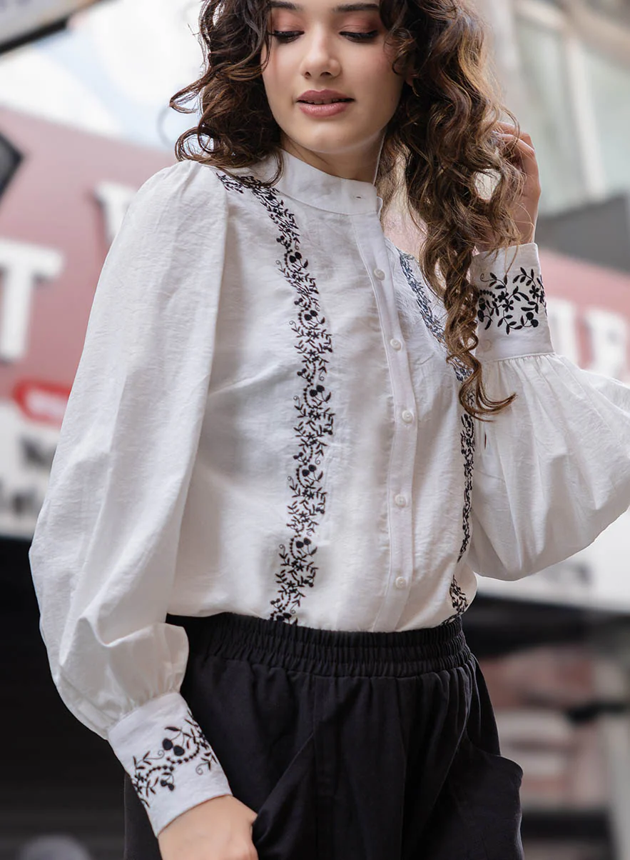 Mandarin Collar Sleeve Embroidered Top - Image 2
