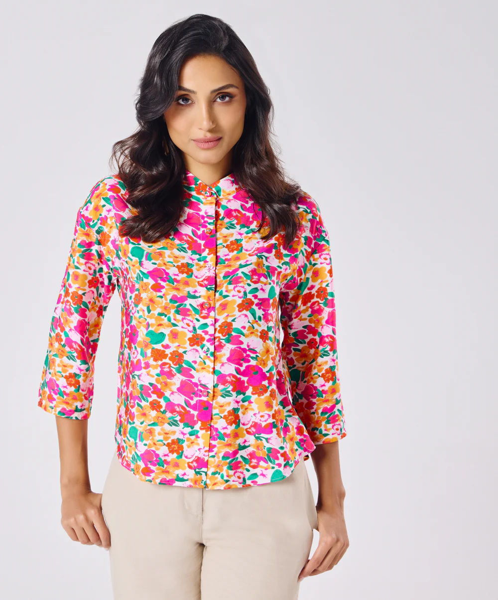 Mandarine Collar Printed Roll Up Sleeve Top - Image 3
