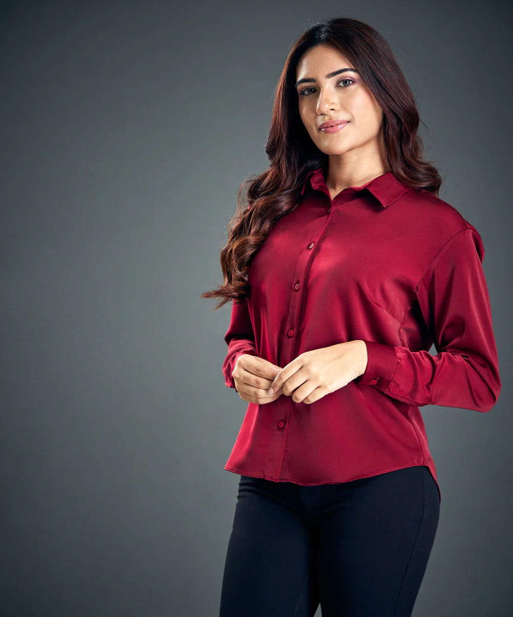 Maroon Work Wear Satin Shirt Blouse - Image 2