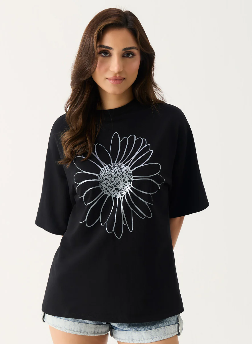 Metallic Flower Printed Black T-shirt - Image 3