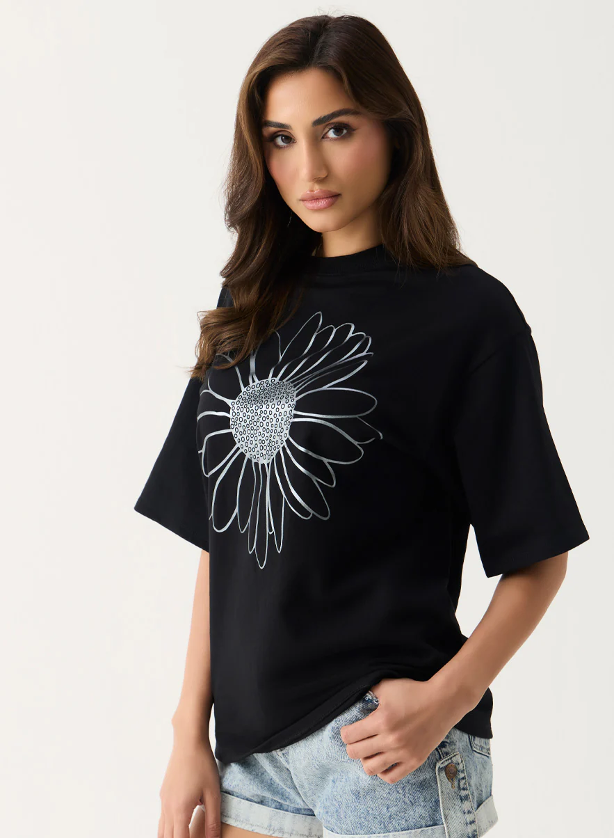 Metallic Flower Printed Black T-shirt - Image 4