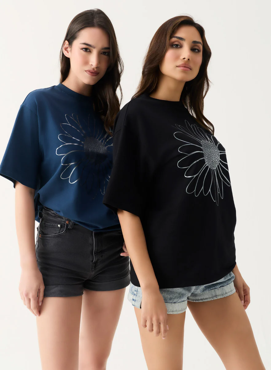 Metallic Flower Printed Black T-shirt - Image 5