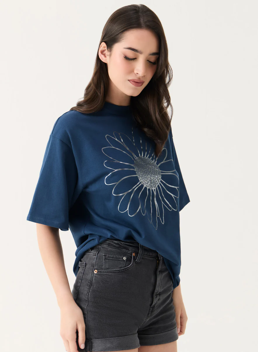 Metallic Flower Printed Navy Blue T-shirt - Image 2