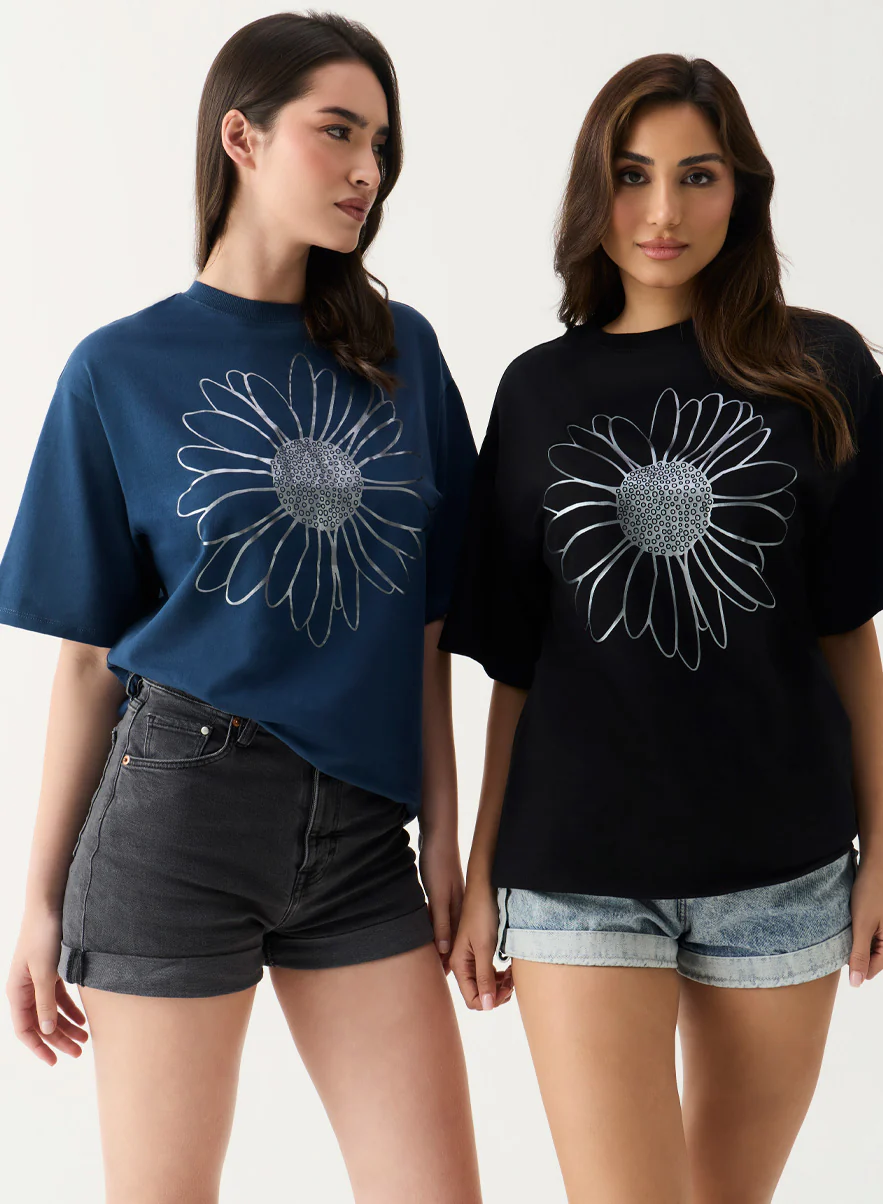 Metallic Flower Printed Navy Blue T-shirt - Image 3