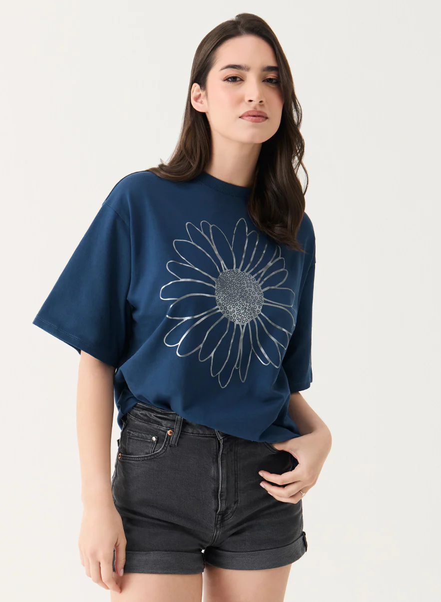 Metallic Flower Printed Navy Blue T-shirt - Image 4