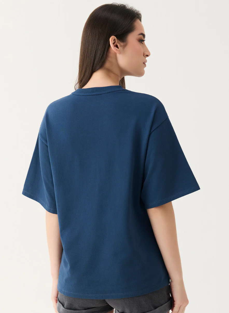 Metallic Flower Printed Navy Blue T-shirt - Image 5