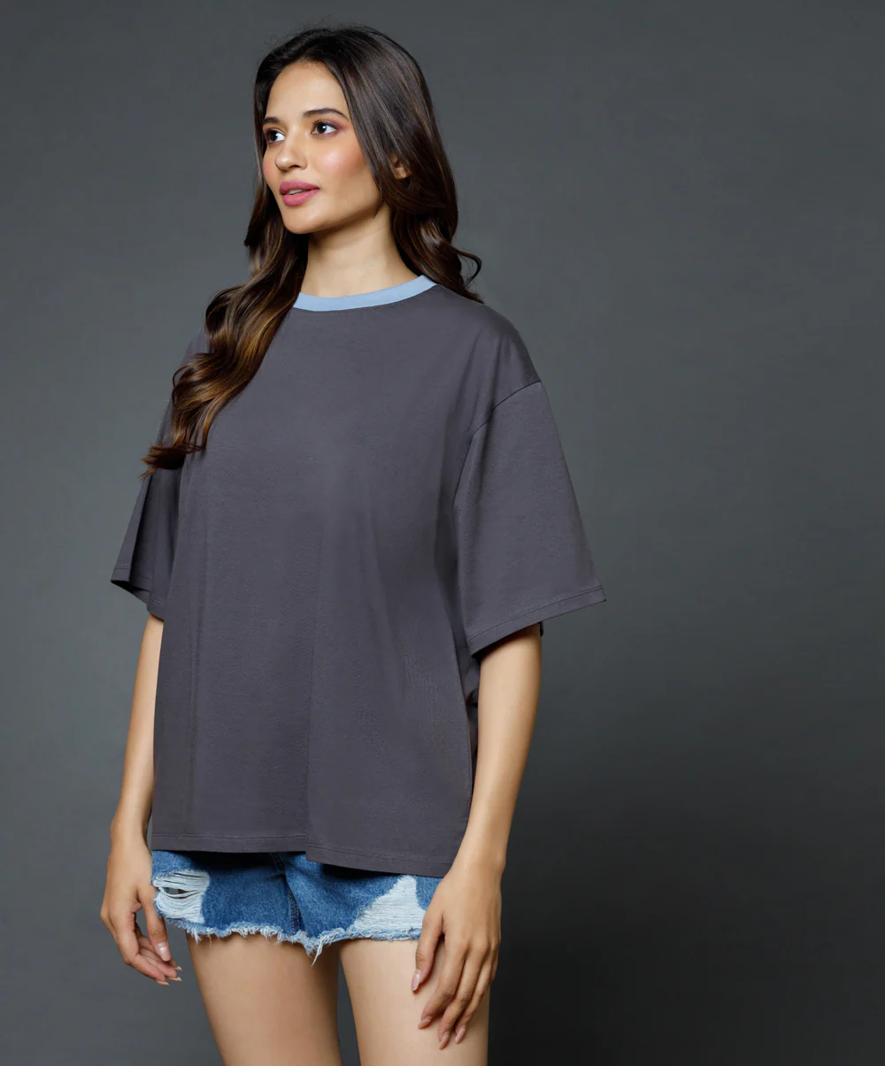 Mid Oversized Contrast Rib Grey Tshirt - Image 2