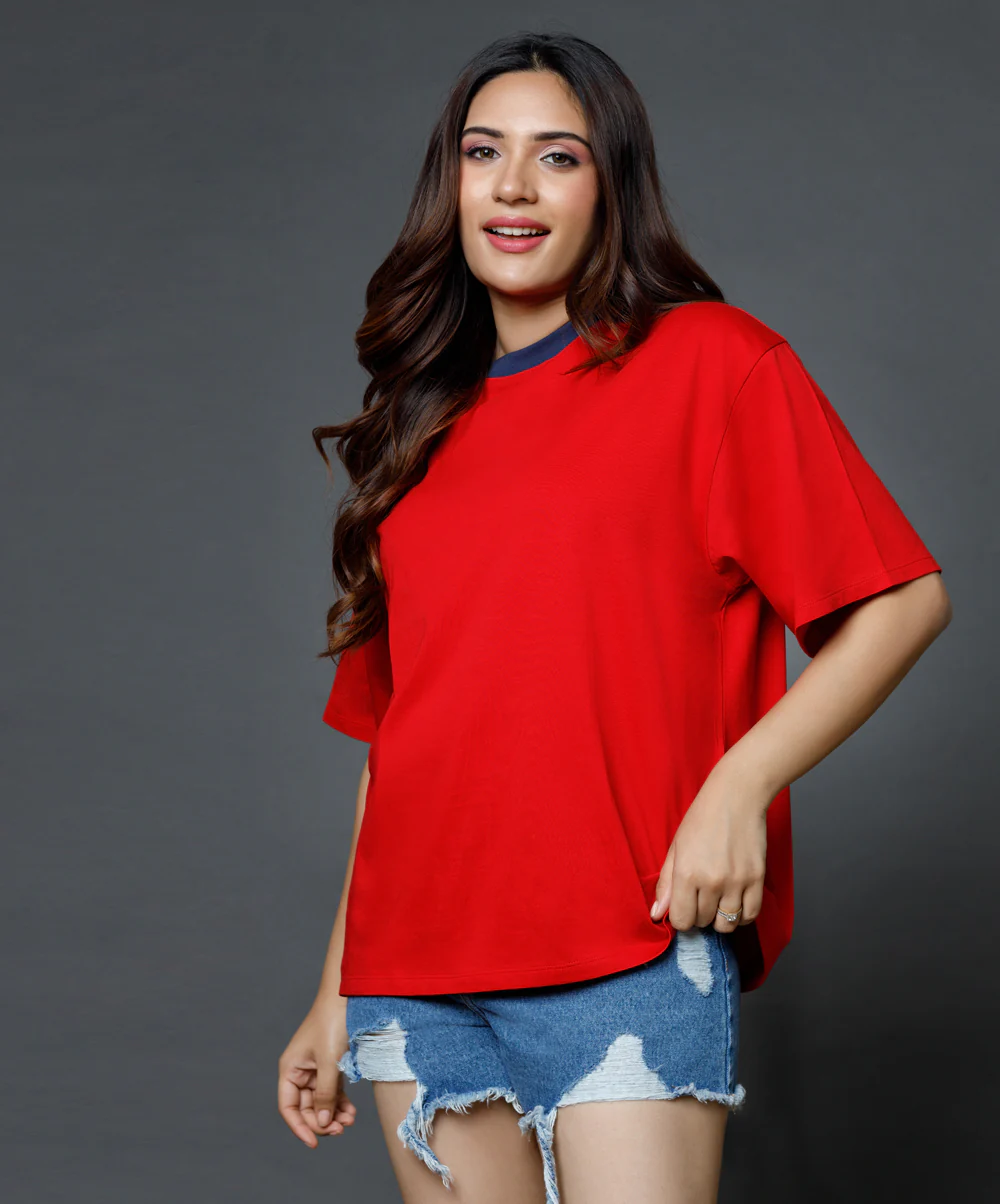 Mid Oversized Contrast Rib Red Tshirt - Image 3