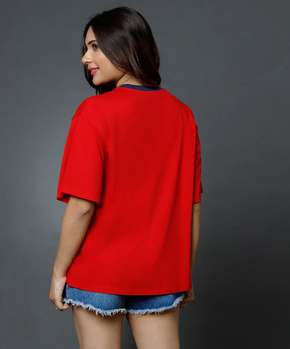 Mid Oversized Contrast Rib Red Tshirt - Image 4