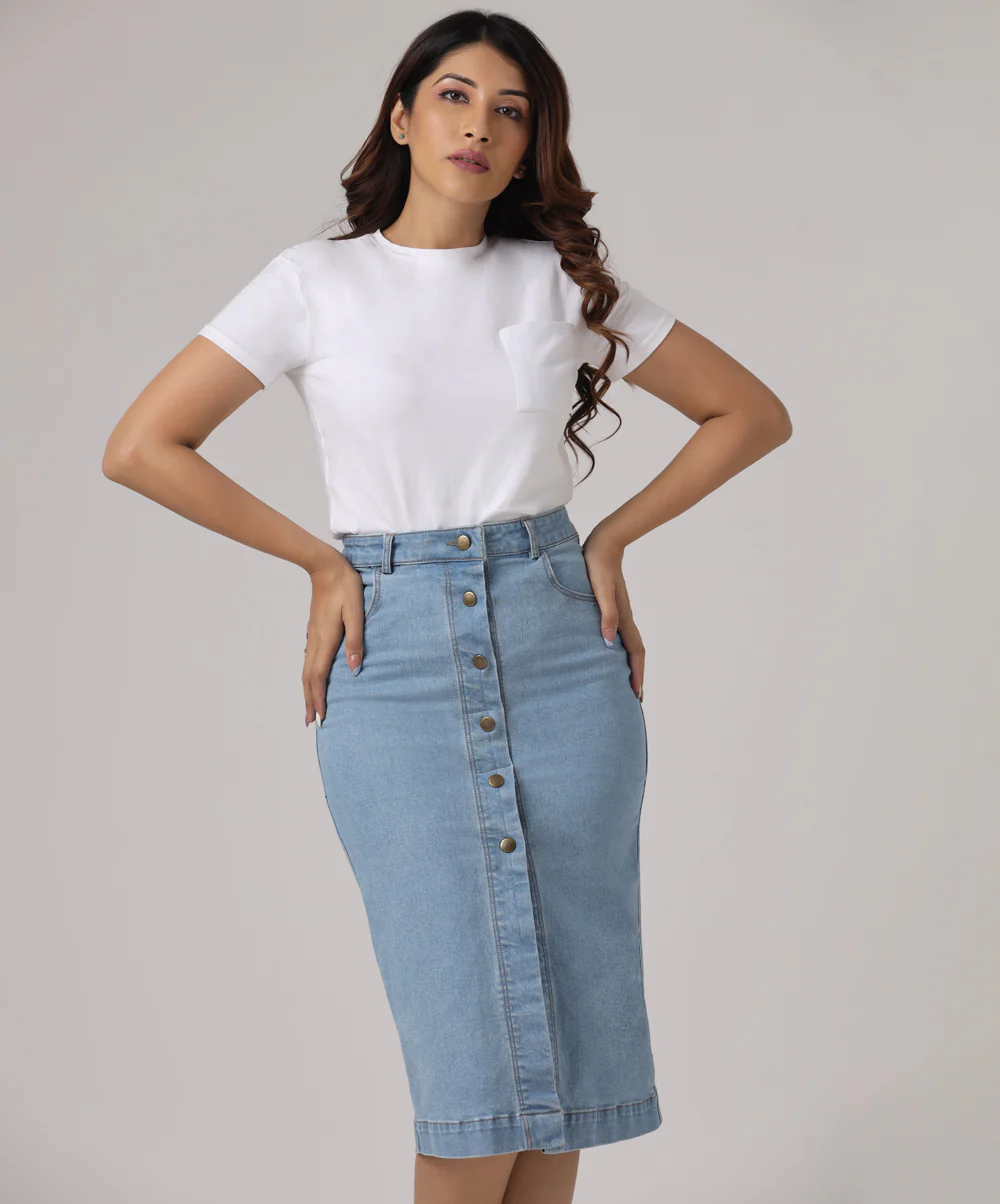Midi Length Front Buttoned Denim Skirt