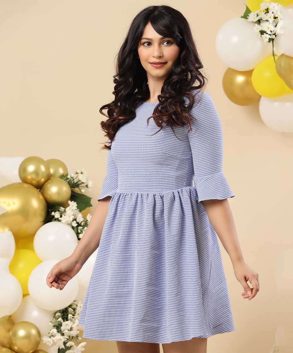 Mini Blue Gingham Loose Fitted Dress - Image 2