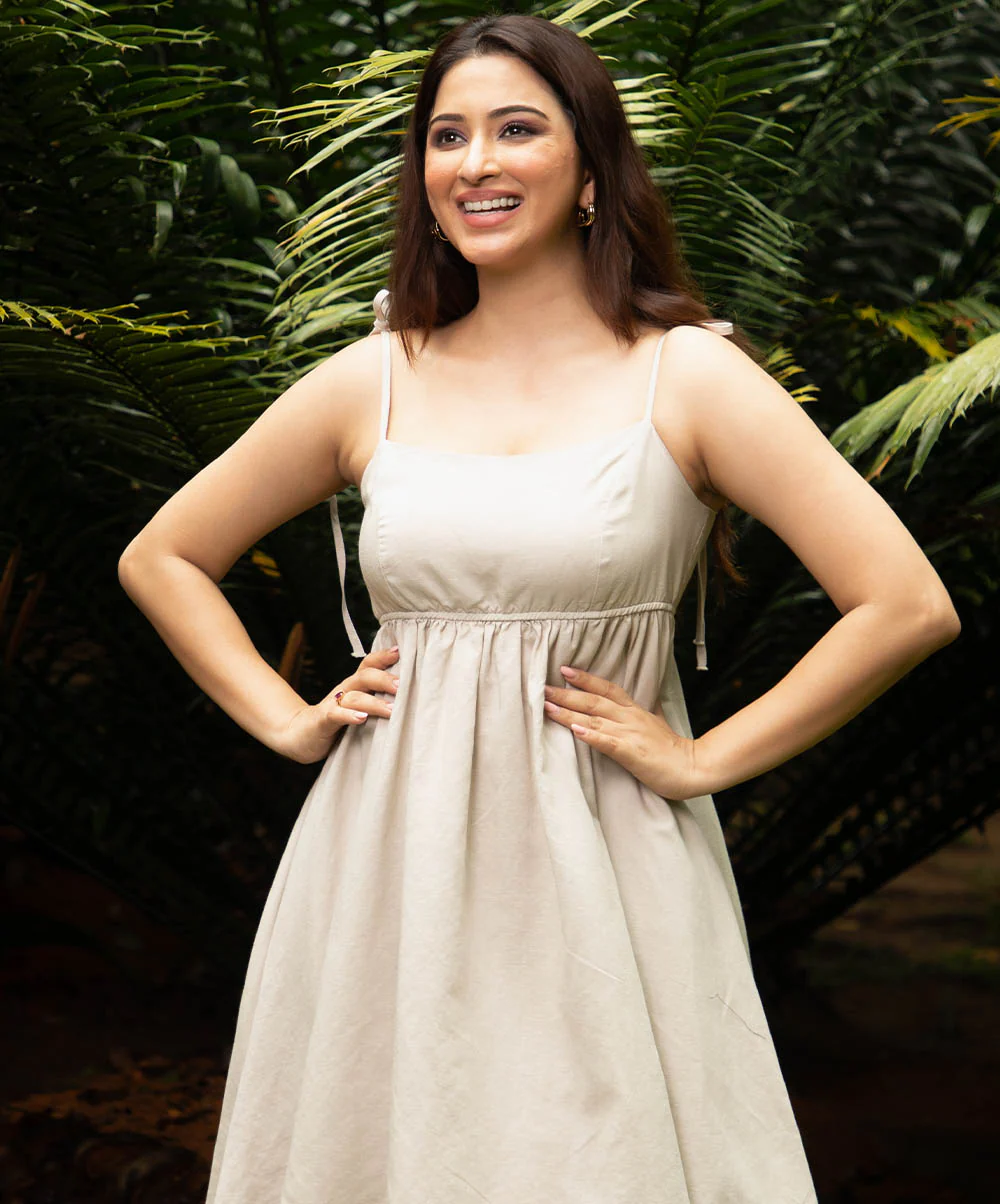 Beige Mini Empire Line Linen Dress - Image 3