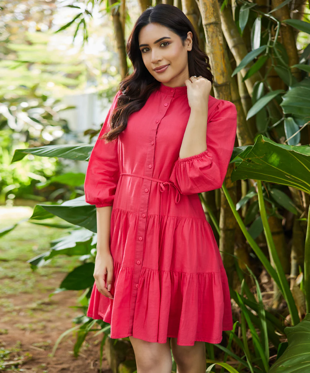 Mini Puffed Sleeve Red Cotton Dress - Image 2