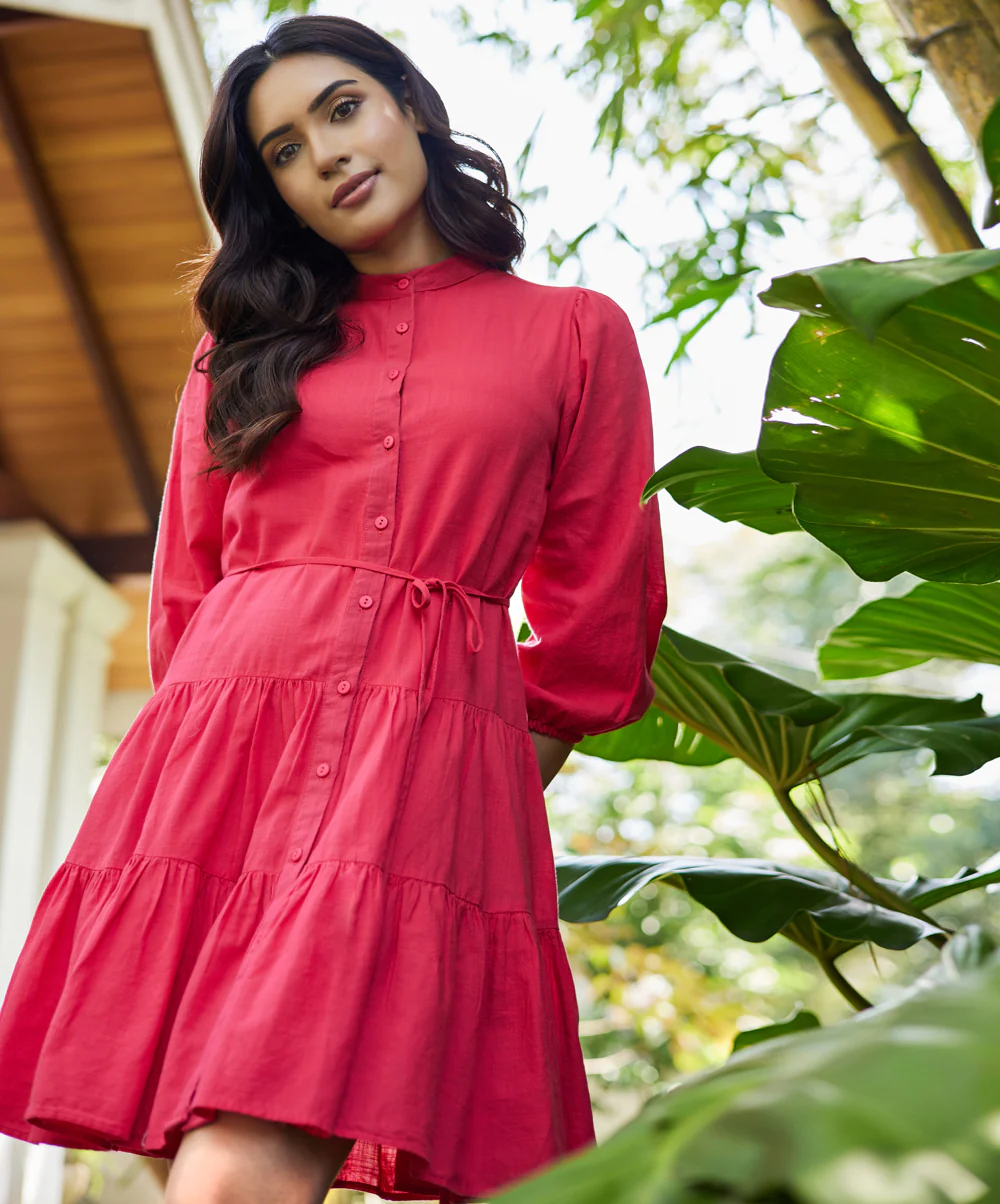 Mini Puffed Sleeve Red Cotton Dress - Image 5