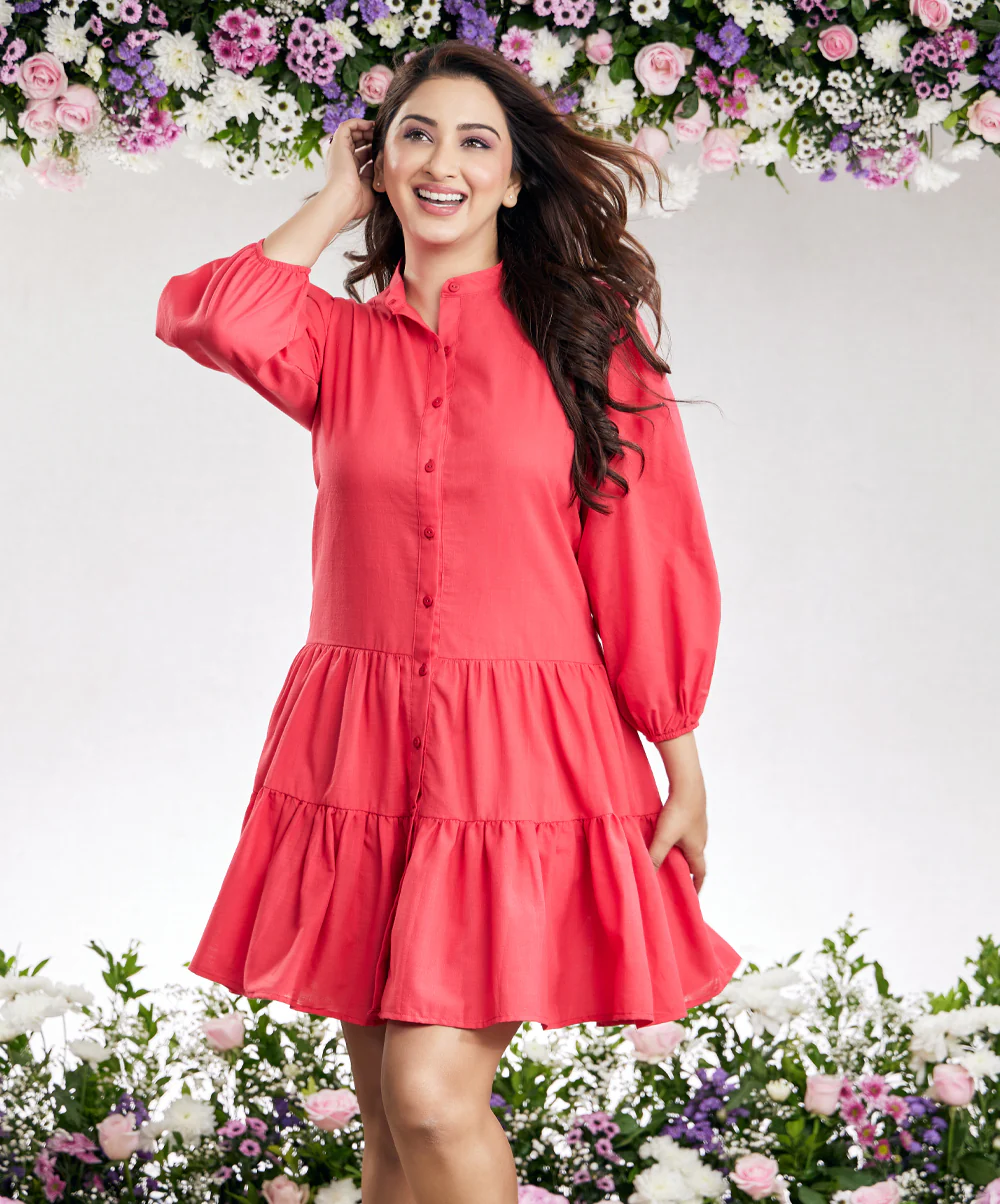 Mini Puffed Sleeve Red Cotton Dress - Image 6