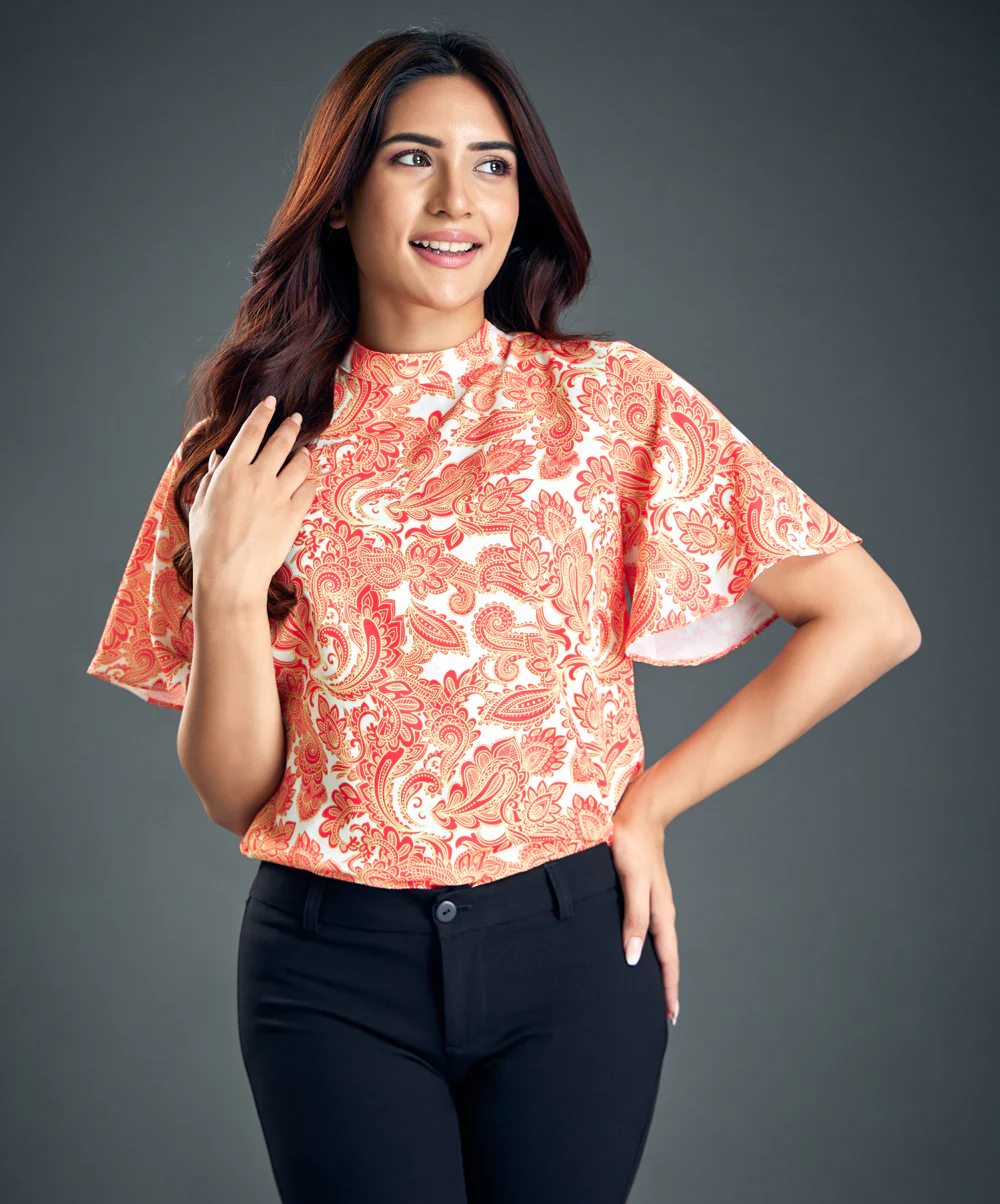 Mock Neck Angel Sleeve Chiffon Top - Image 2